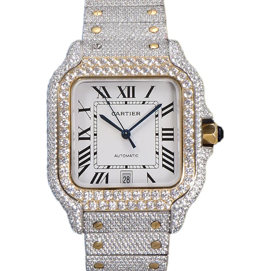 Santos de Cartier 40mm Diamond Paved Dial with Roman Markers in Steel/Rose Gold