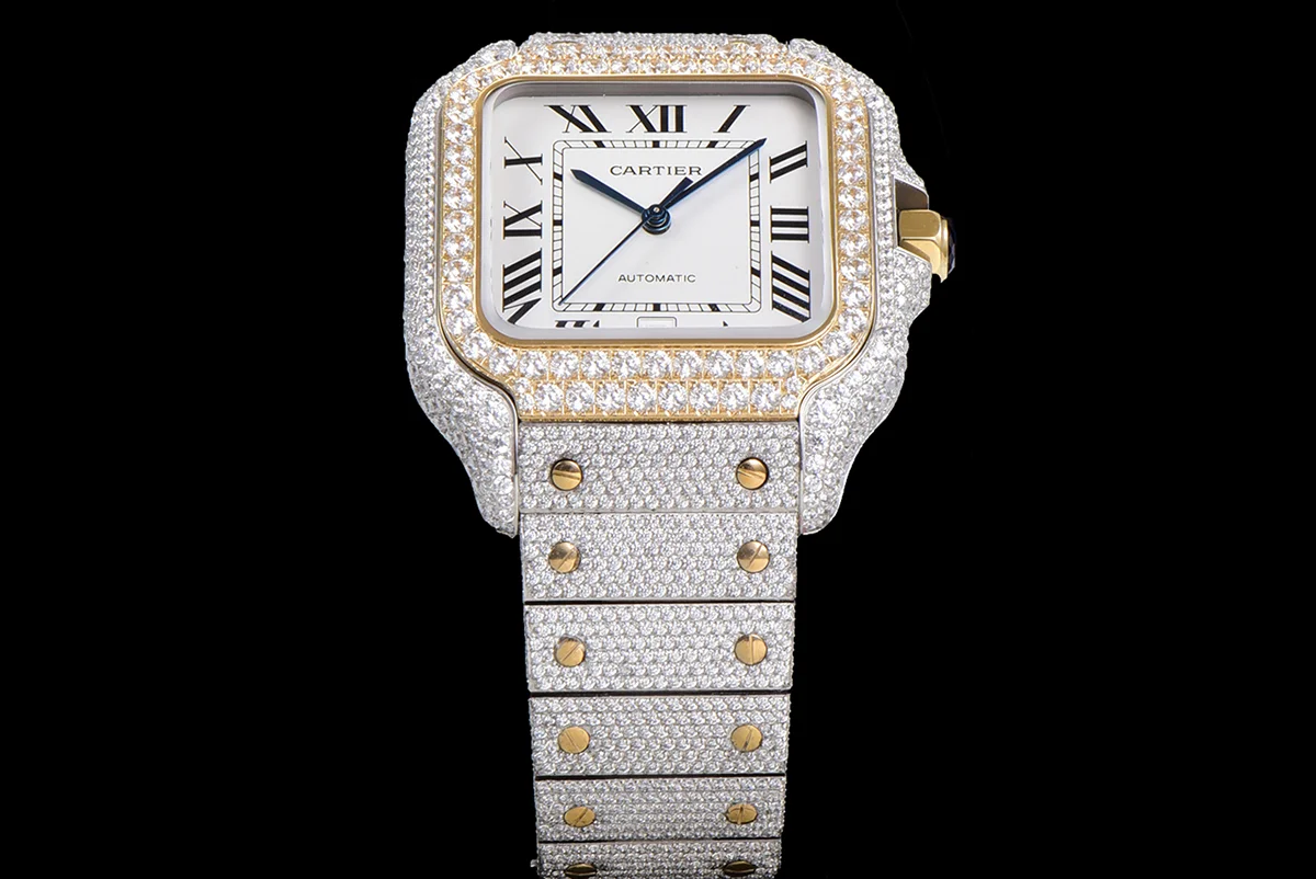 Santos de Cartier 40mm Diamond Paved Dial with Roman Markers in Steel/Rose Gold