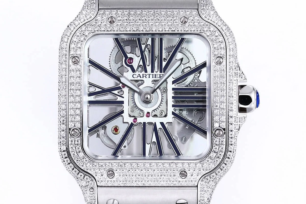 Santos De Cartier Watch Skeleton Dial Black Marker with Diamond Bezel in Steel