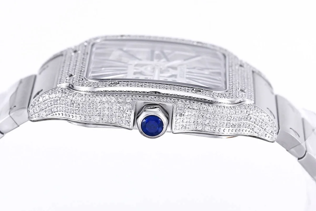 Santos De Cartier Watch Skeleton Dial Black Marker with Diamond Bezel in Steel