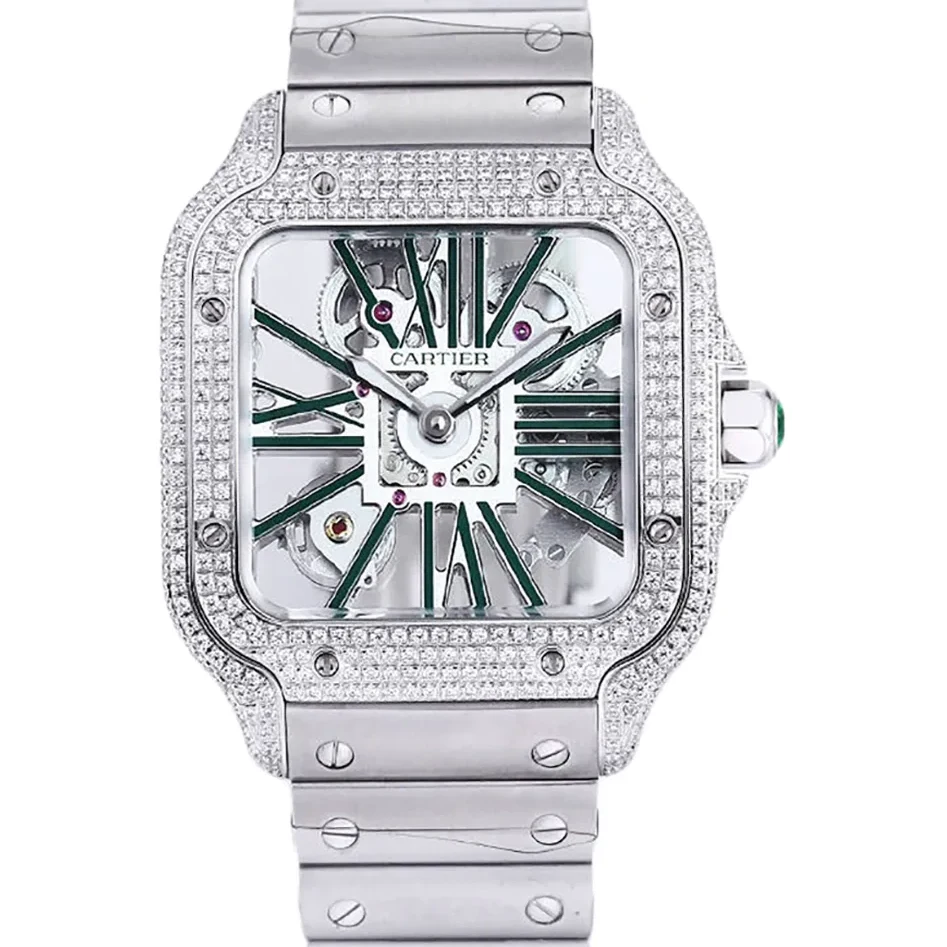 Santos De Cartier Watch Skeleton Dial Green Marker with Diamond Bezel in Steel