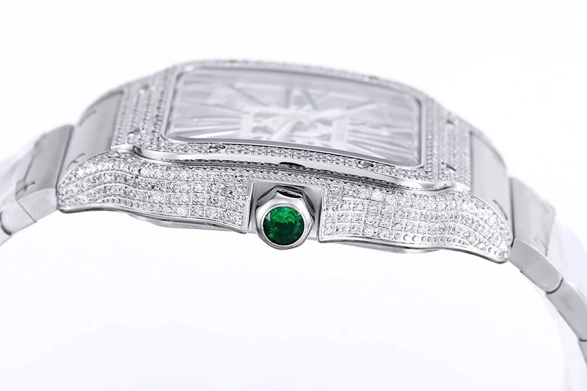 Santos De Cartier Watch Skeleton Dial Green Marker with Diamond Bezel in Steel