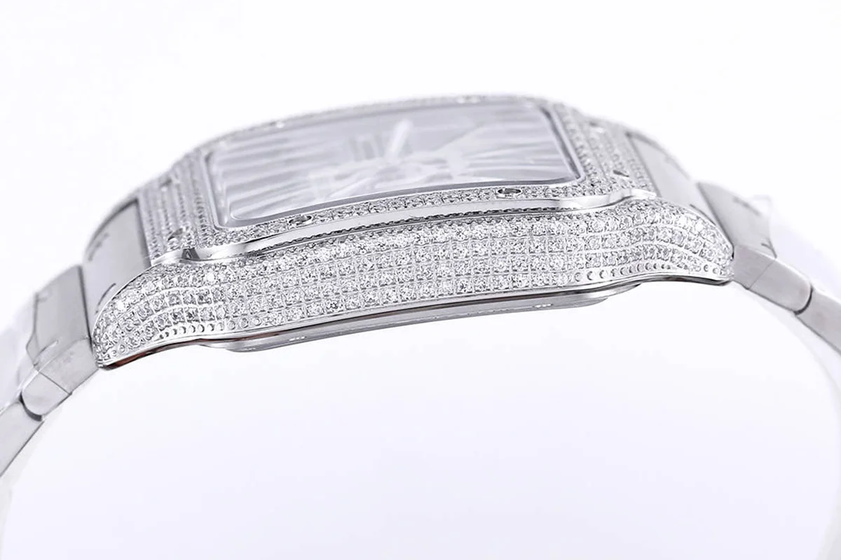 Santos De Cartier Watch Skeleton Dial Green Marker with Diamond Bezel in Steel