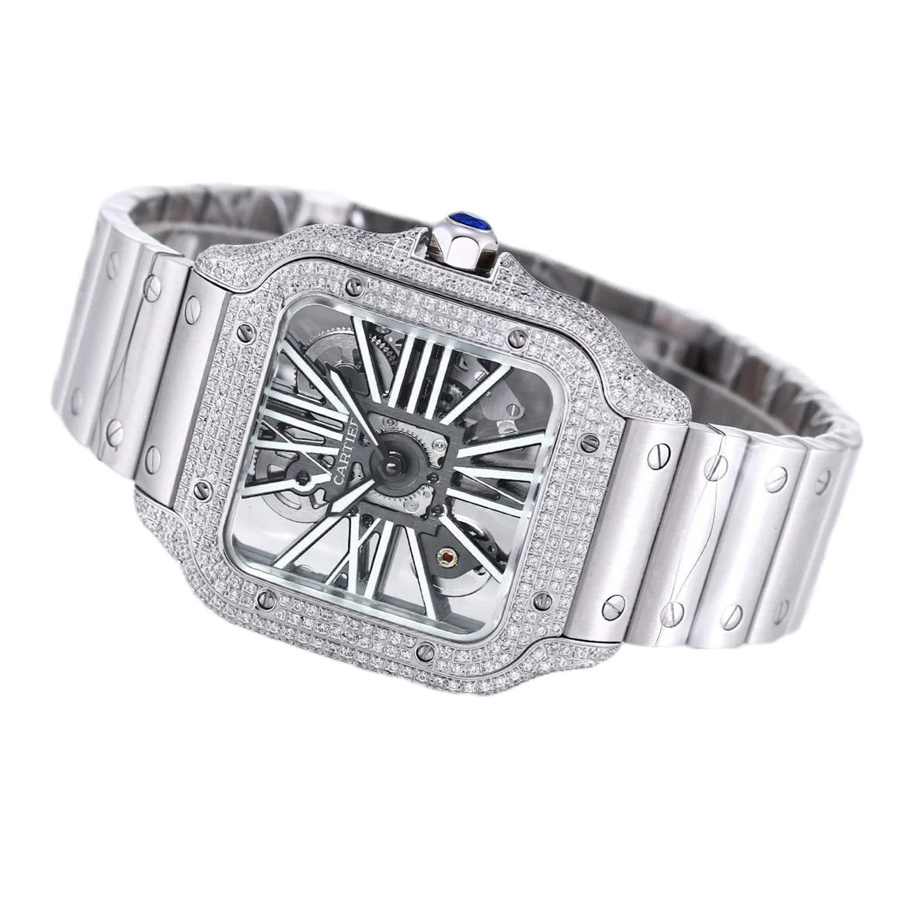 Santos De Cartier Watch Skeleton Dial White Marker with Diamond Bezel in Steel