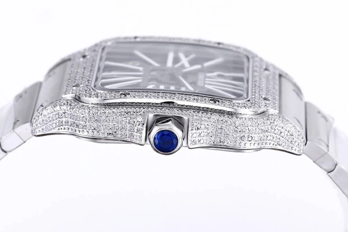 Santos De Cartier Watch Skeleton Dial White Marker with Diamond Bezel in Steel