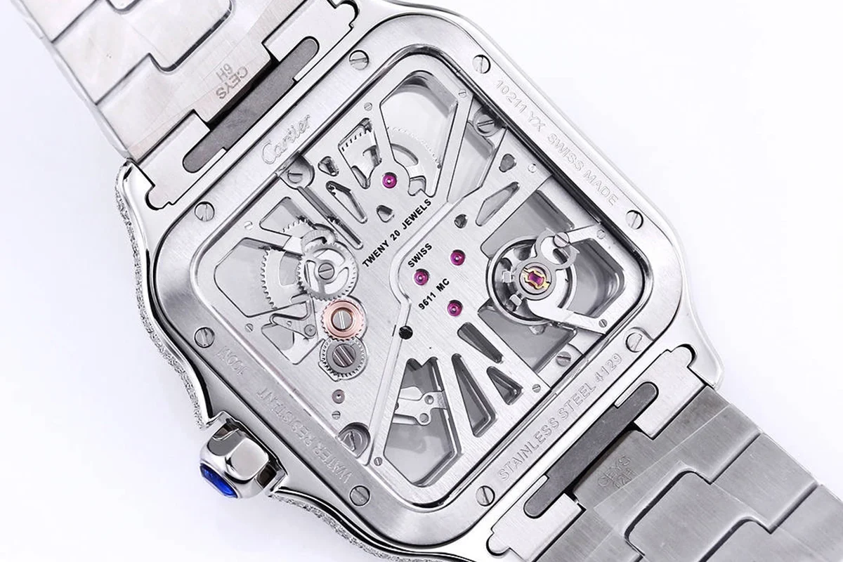 Santos De Cartier Watch Skeleton Dial with Diamond Bezel in Steel