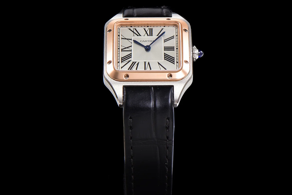Santos-Dumont (Extra-Large) Silver Dial in Steel/Rose Gold on Black Leather Strap Ref. W2SA0017