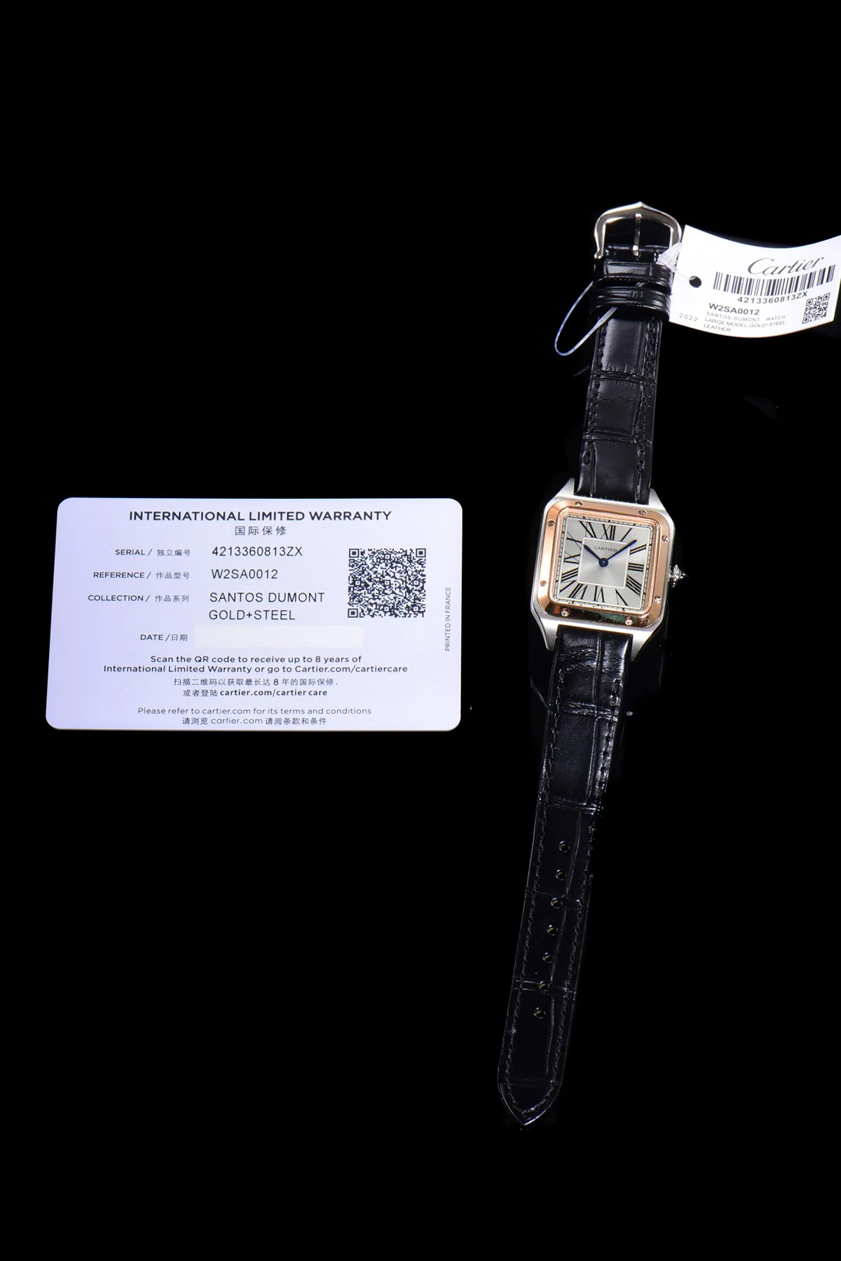 Santos-Dumont (Extra-Large) Silver Dial in Steel/Rose Gold on Black Leather Strap Ref. W2SA0017