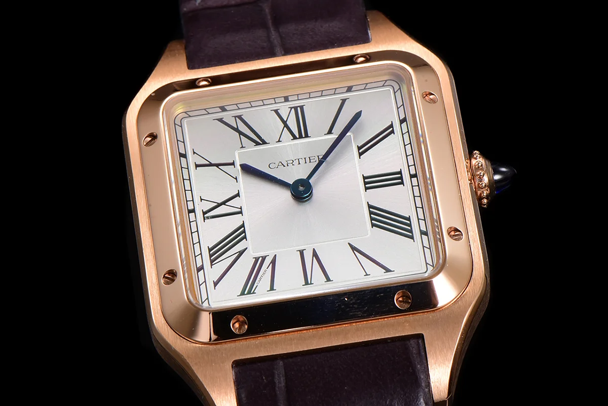 Santos-Dumont (Large) Silver Dial in Rose Gold on Purple Leather Strap Ref. WGSA0021