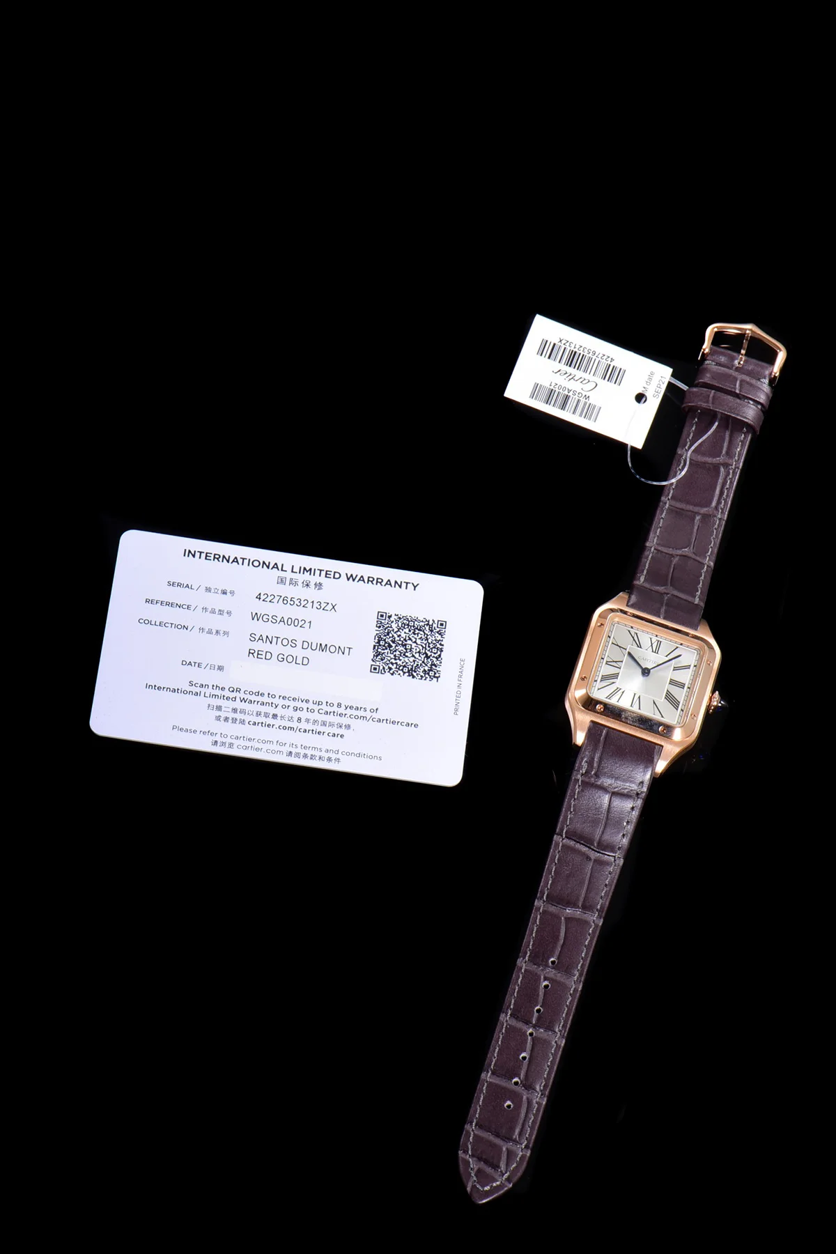 Santos-Dumont (Large) Silver Dial in Rose Gold on Purple Leather Strap Ref. WGSA0021
