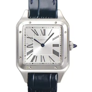 Santos-Dumont (Large) Silver Dial in Steel on Blue Leather Strap Ref. WSSA0022