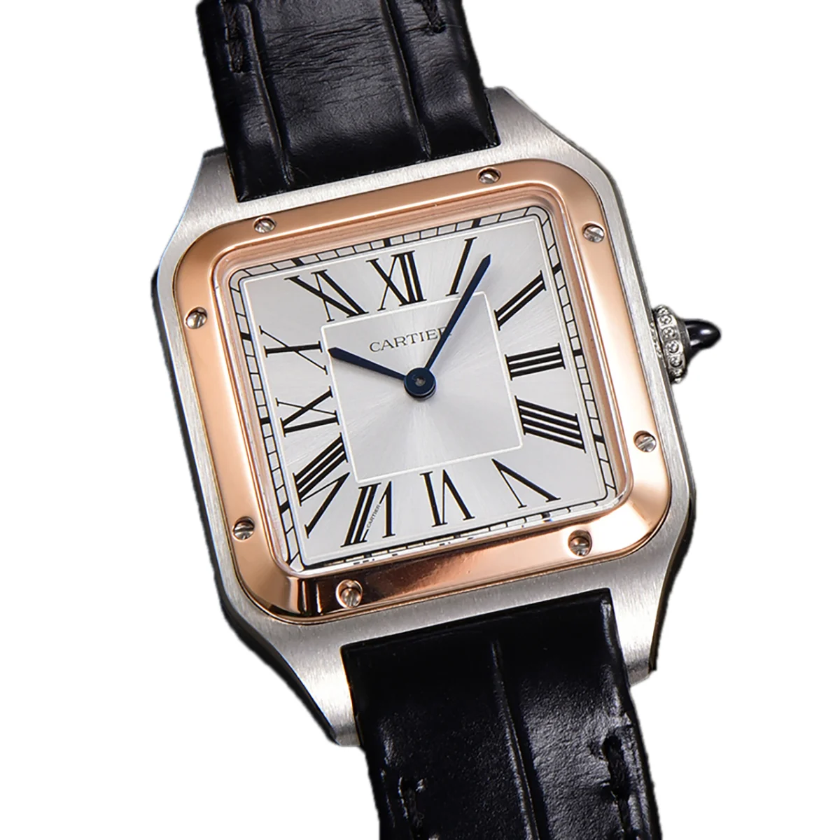Santos-Dumont (Large) Silver Dial in Steel/Rose Gold on Black Leather Strap Ref. W2SA0011