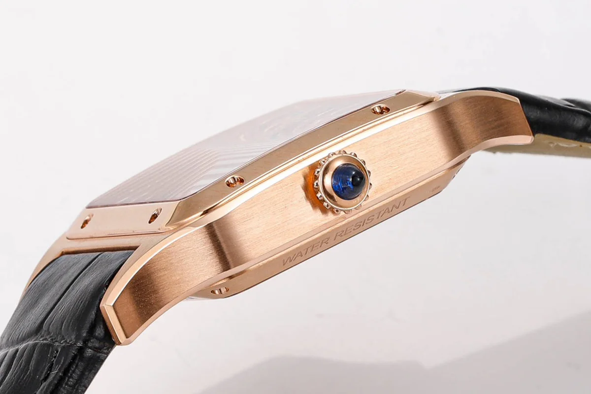 Santos-Dumont (Large) Skeleton Watch in Rose Gold on Black Leather Strap