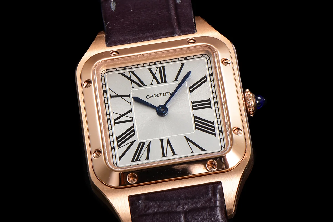 Santos-Dumont (Small) Silver Dial in Rose Gold on Purple Leather Strap Ref. WGSA0022