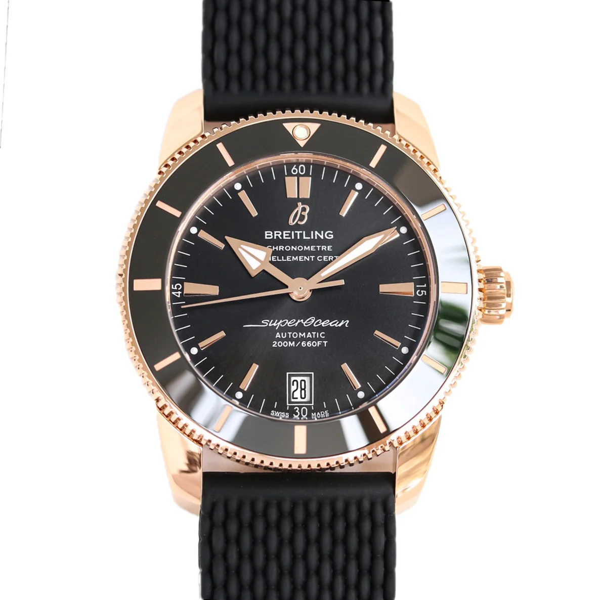 Superocean Heritage II B20 Automatic 42mm in Black Dial on Black Bezel in Rose Gold on Rubber Strap