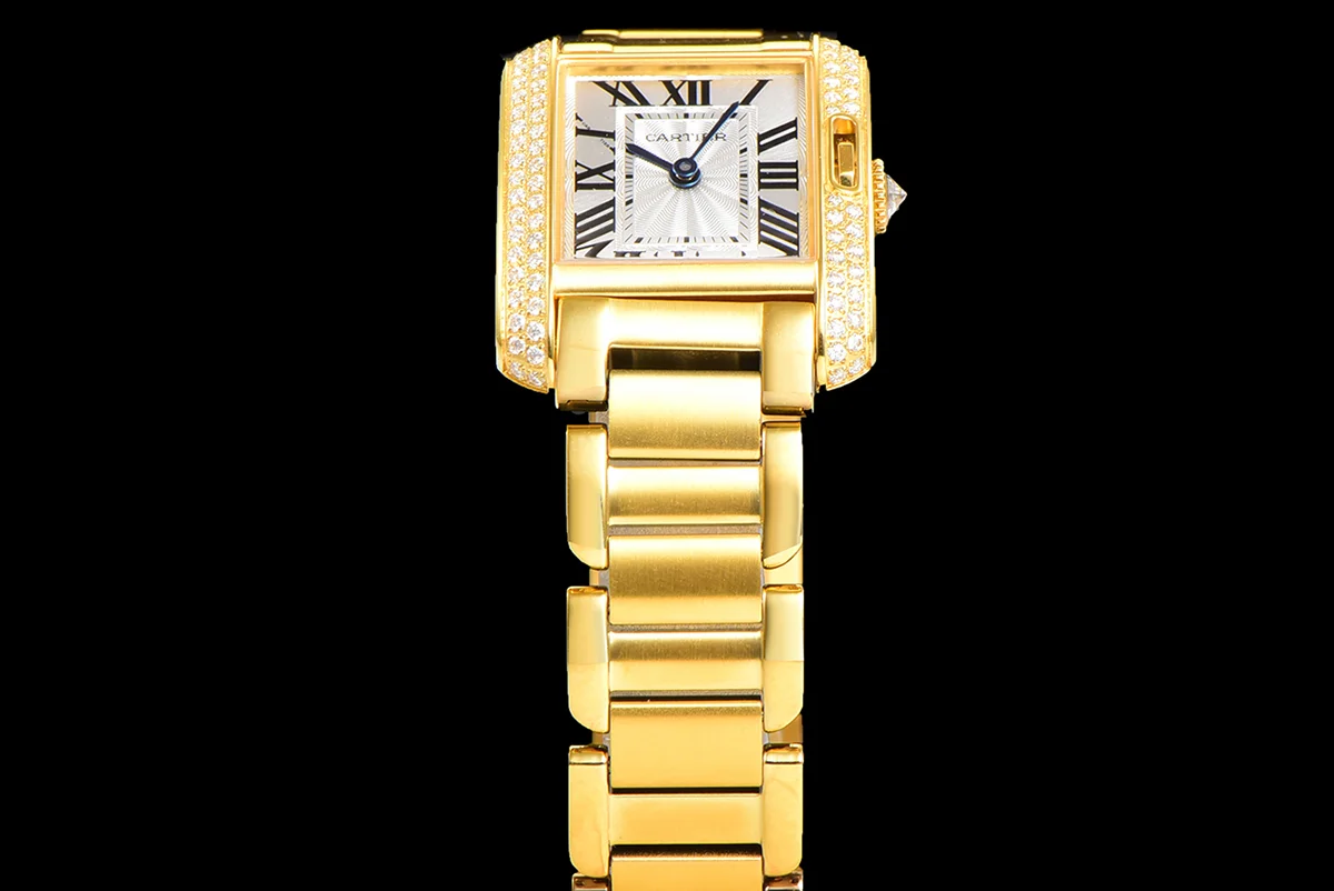 Tank Anglaise 30.2mm White Dial with Diamond Bezel in Yellow Gold