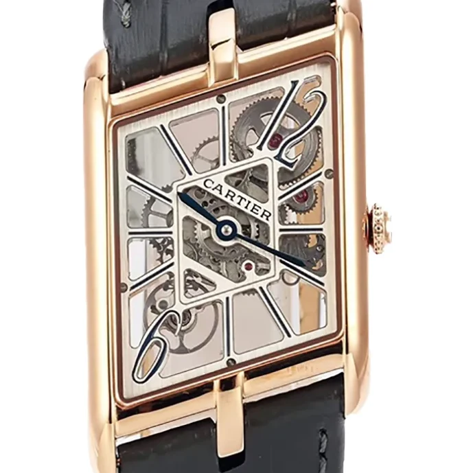 Tank Asymetrique Watch on Rose Gold in Grey Leather Strap