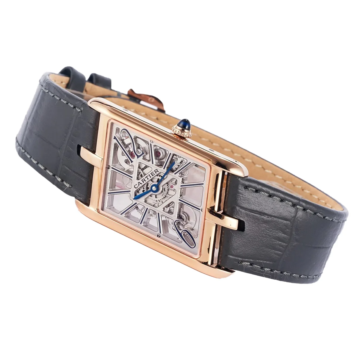 Tank Asymetrique Watch on Rose Gold in Grey Leather Strap