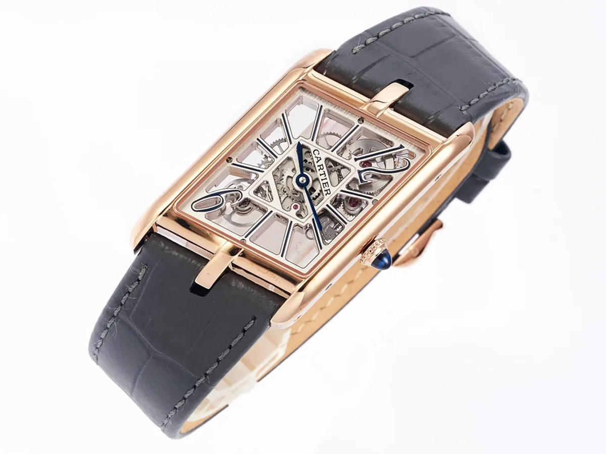 Tank Asymetrique Watch on Rose Gold in Grey Leather Strap