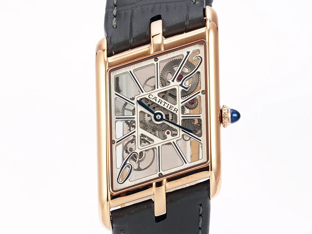 Tank Asymetrique Watch on Rose Gold in Grey Leather Strap