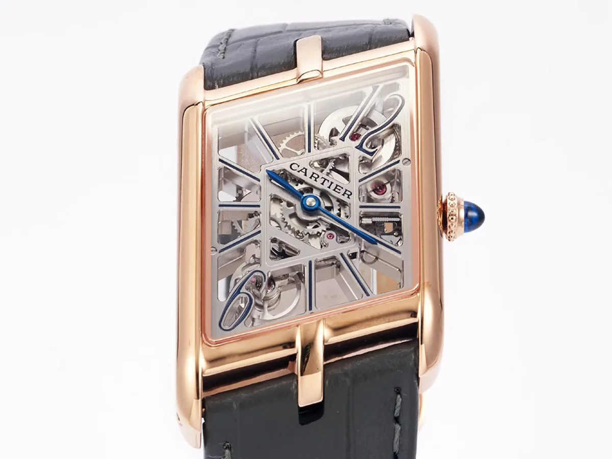 Tank Asymetrique Watch on Rose Gold in Grey Leather Strap