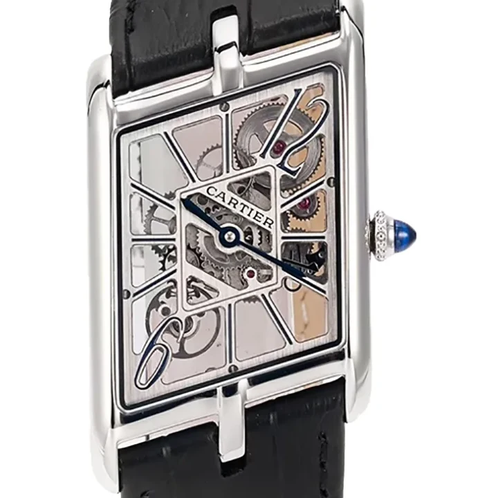 Tank Asymetrique Watch on Steel in Black Leather Strap
