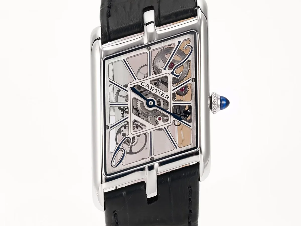 Tank Asymetrique Watch on Steel in Black Leather Strap