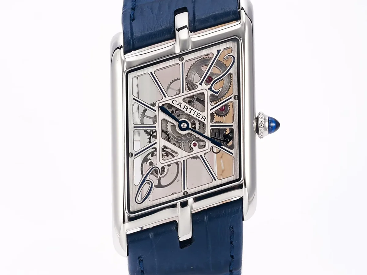 Tank Asymetrique Watch on Steel in Blue Leather Strap