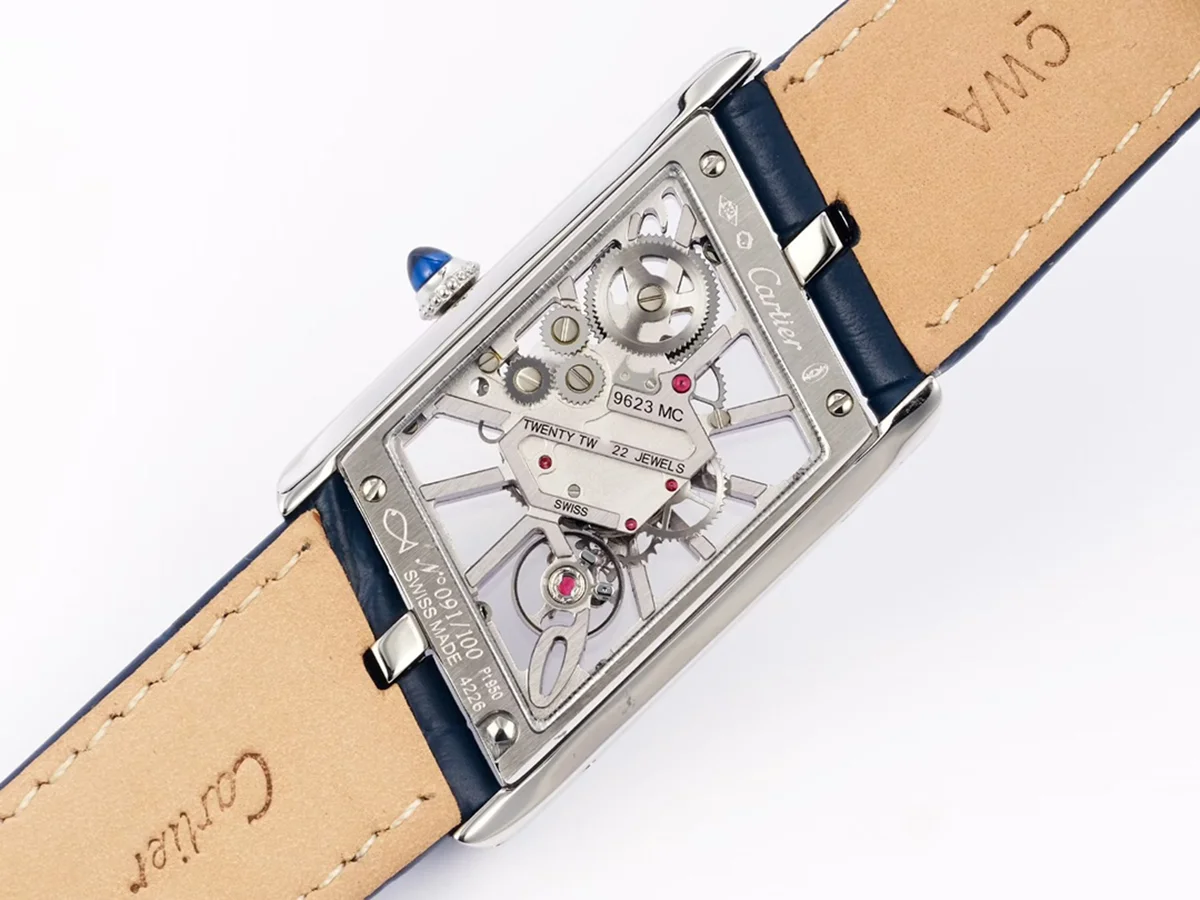 Tank Asymetrique Watch on Steel in Blue Leather Strap