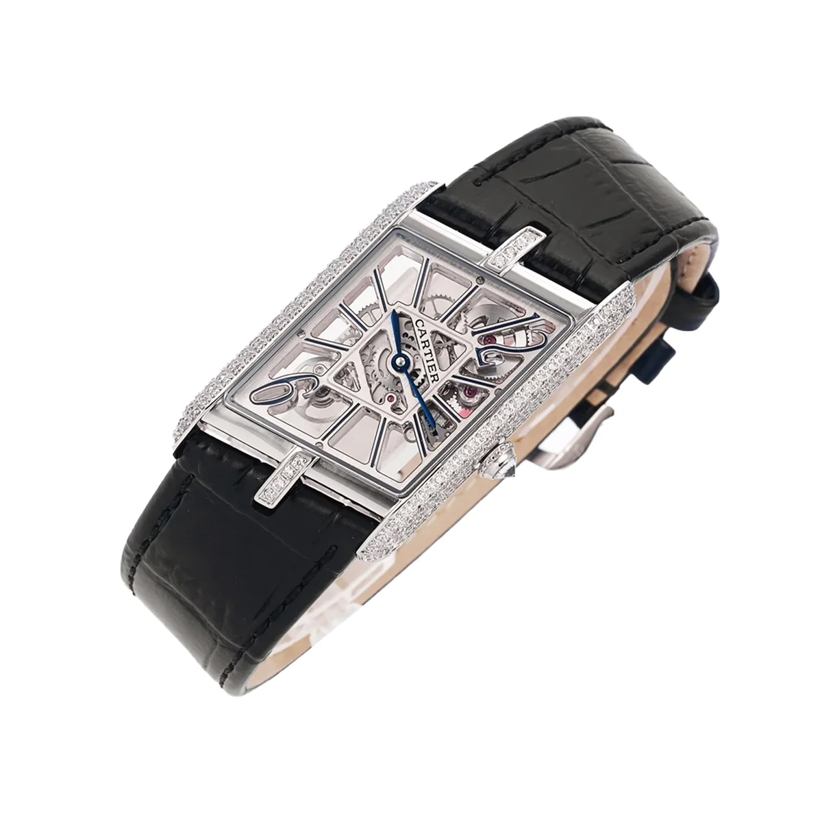 Tank Asymetrique Watch with Diamond Bezel on Steel in Black Leather Strap