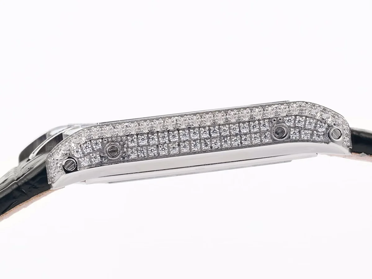 Tank Asymetrique Watch with Diamond Bezel on Steel in Black Leather Strap