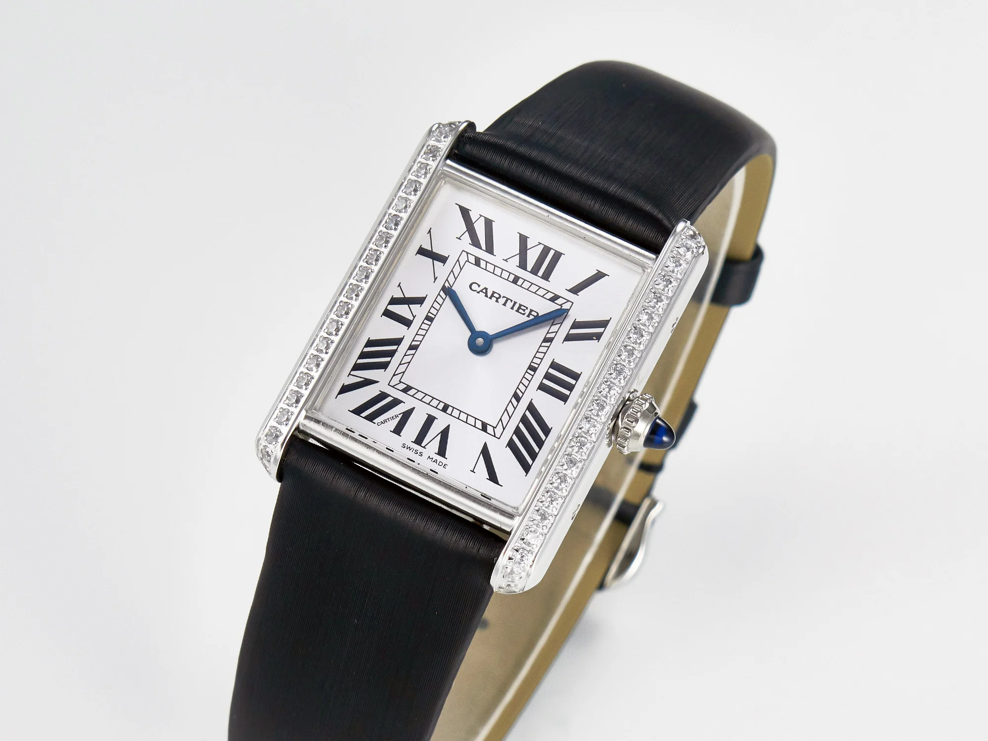 Tank Must Large SS 33.7mm DRF 1:1 Best Edition White Dial Diamonds Bezel on Black Calfskin Strap Swiss Quartz