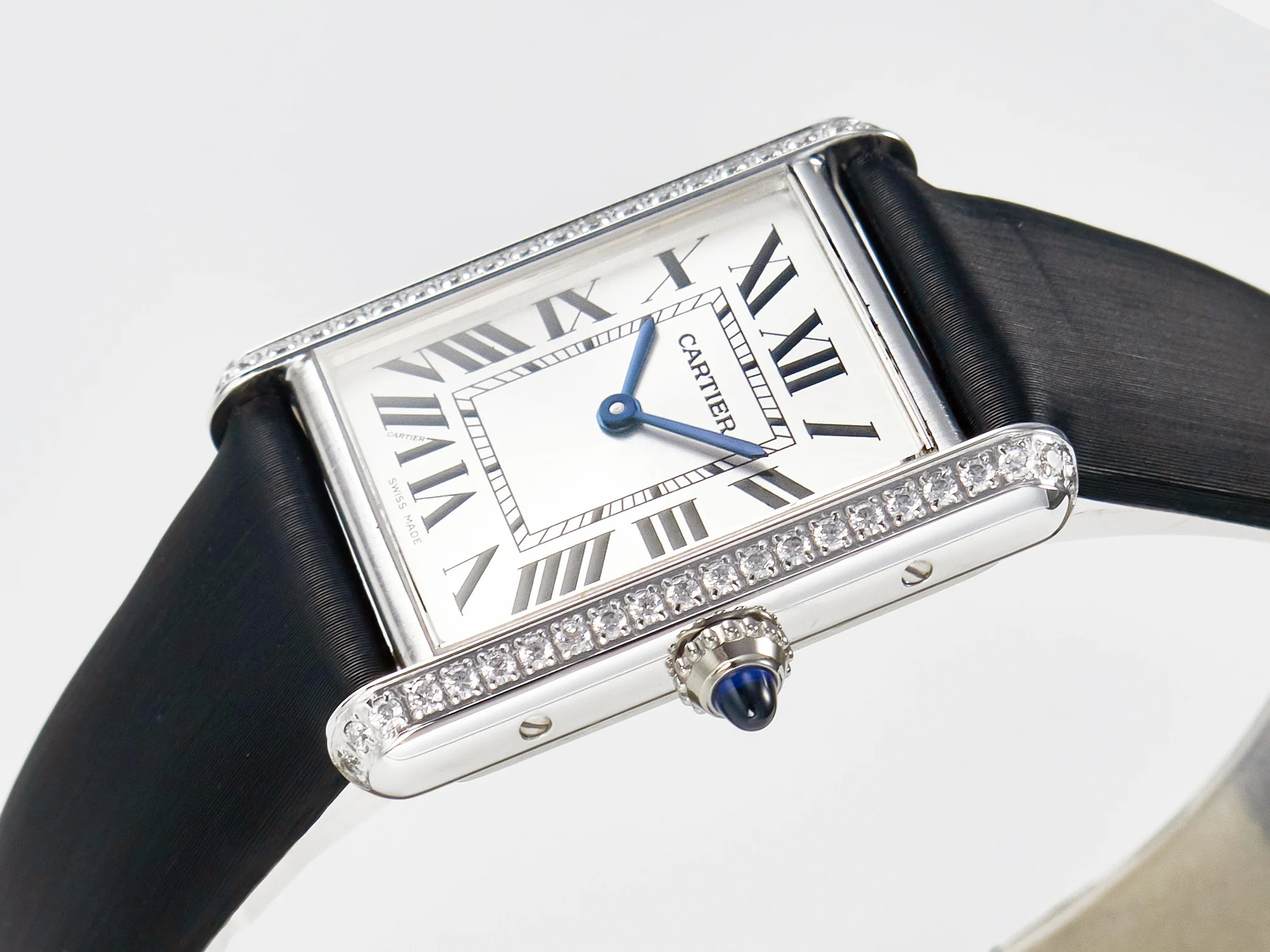 Tank Must Large SS 33.7mm DRF 1:1 Best Edition White Dial Diamonds Bezel on Black Calfskin Strap Swiss Quartz