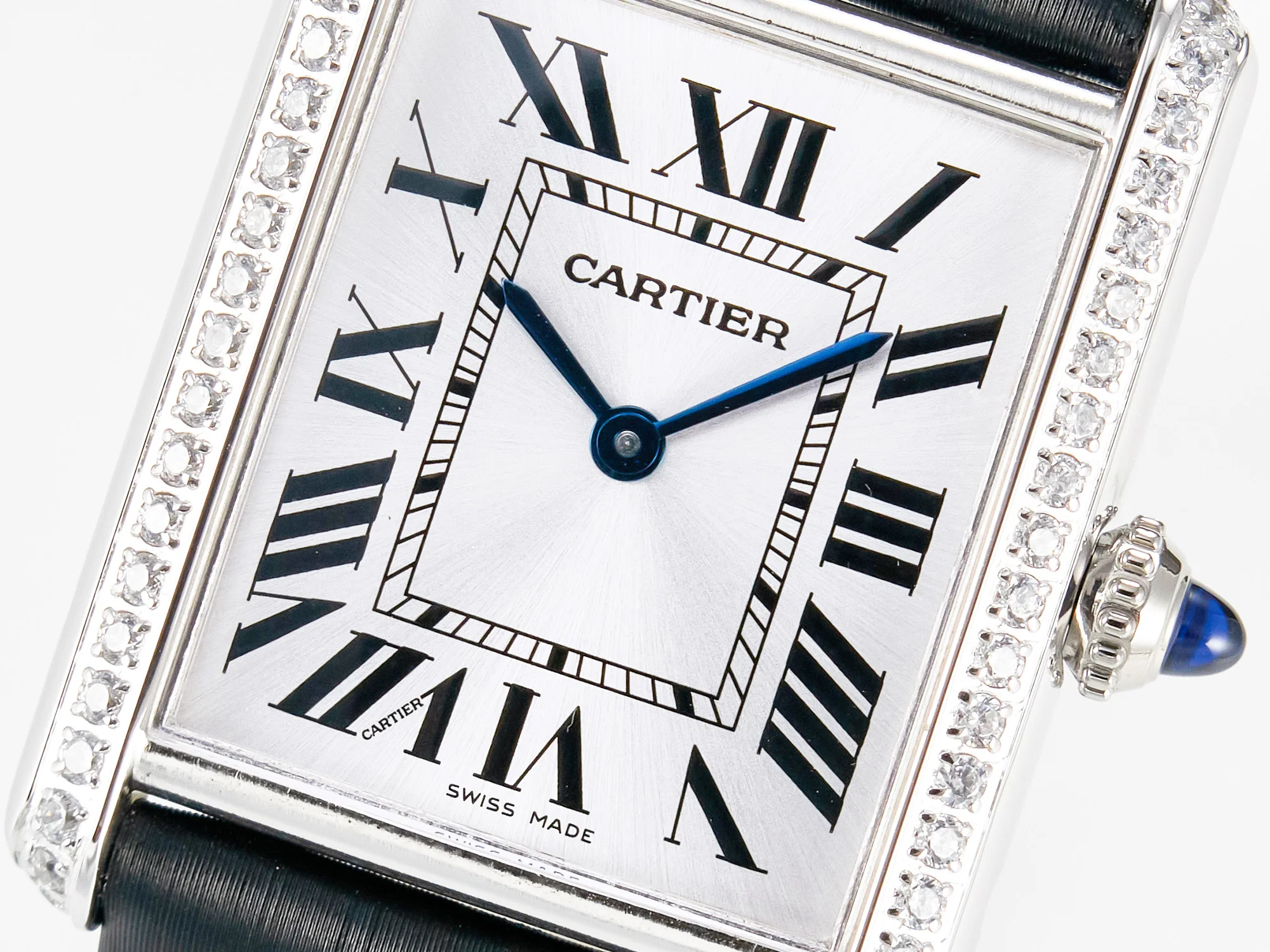 Tank Must Large SS 33.7mm DRF 1:1 Best Edition White Dial Diamonds Bezel on Black Calfskin Strap Swiss Quartz