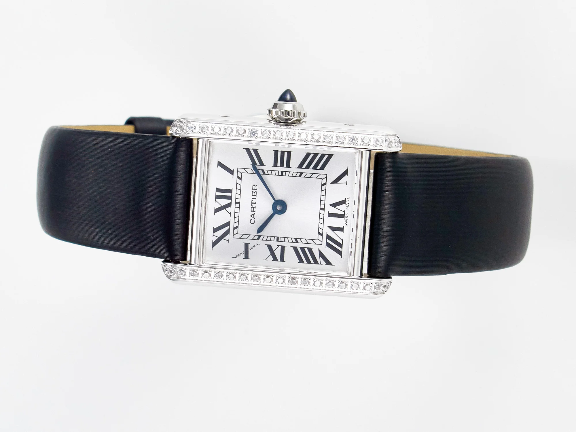 Tank Must Small SS 29mm DRF 1:1 Best Edition White Dial Diamonds Bezel on Black Calfskin Strap Swiss Quartz