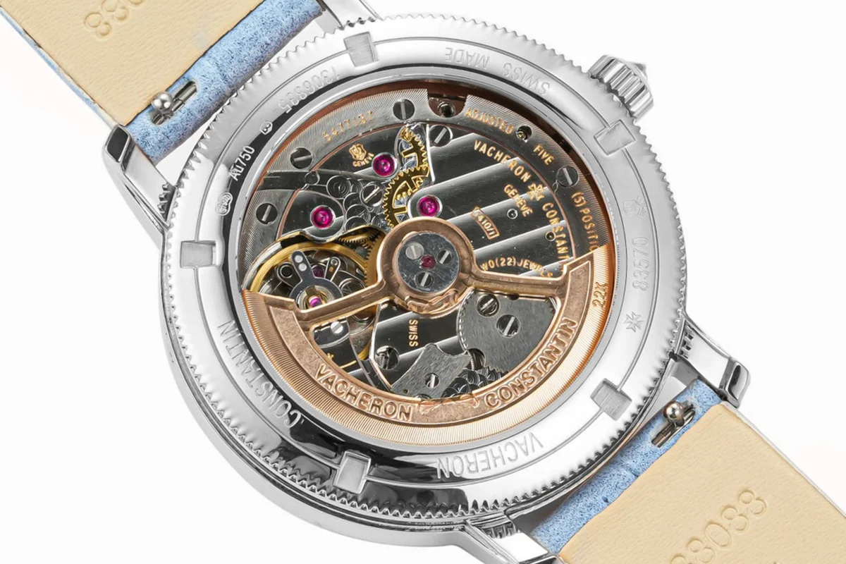 Traditionelle Moon Phase Blue MOP Dial with Diamond Bezel in White Gold on Blue Leather Strap