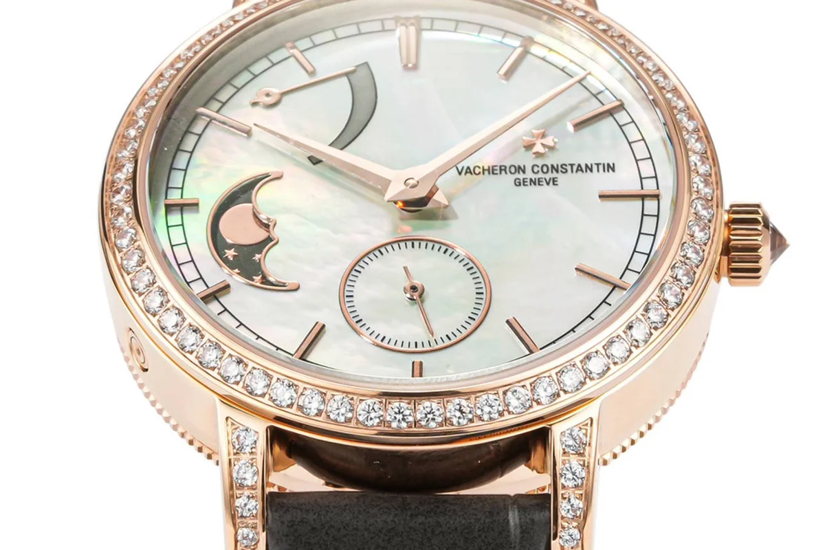 Traditionelle Moon Phase MOP Dial with Diamond Bezel in Pink Gold on Black Leather Strap