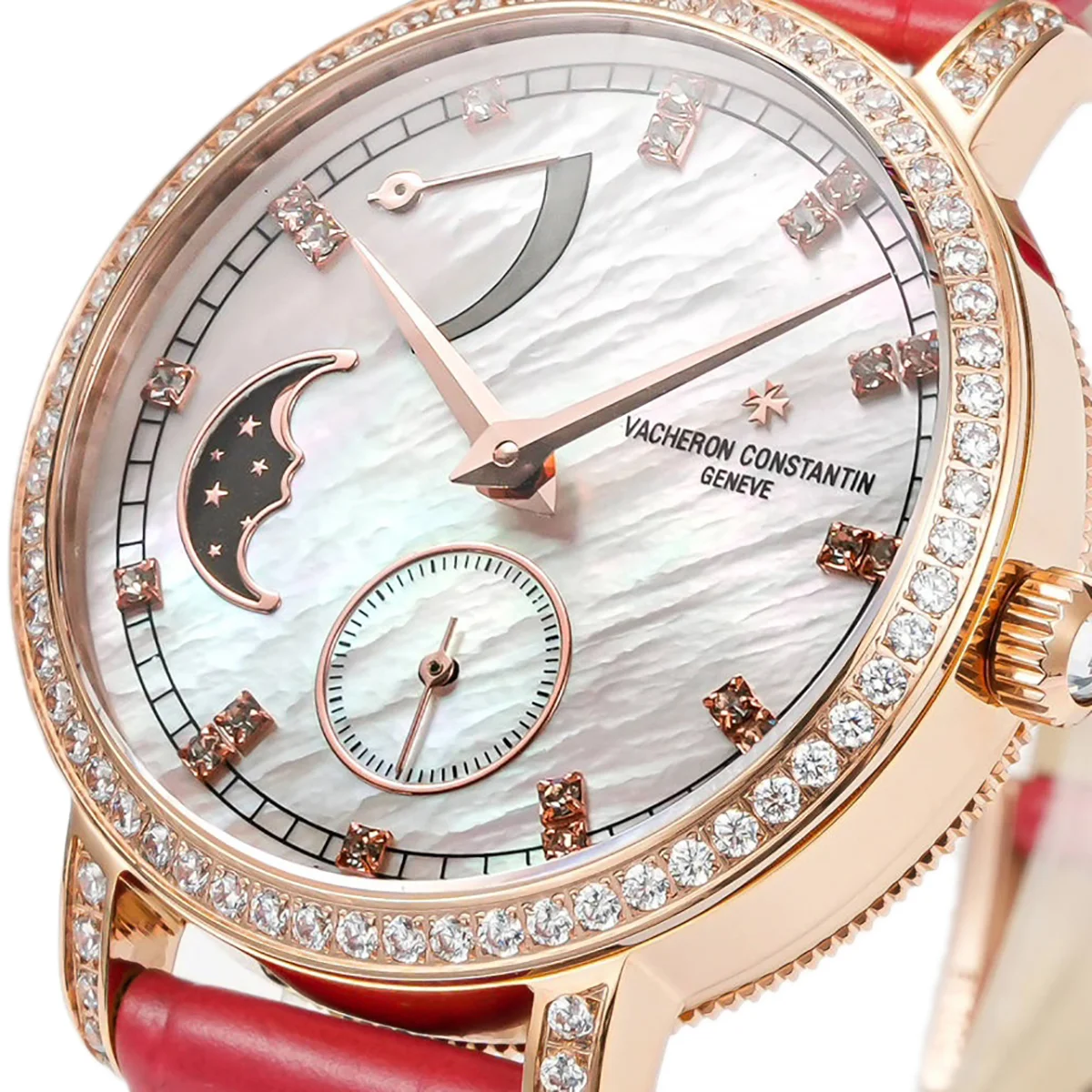 Traditionelle Moon Phase MOP Dial with Diamond Bezel in Pink Gold on Red Leather Strap