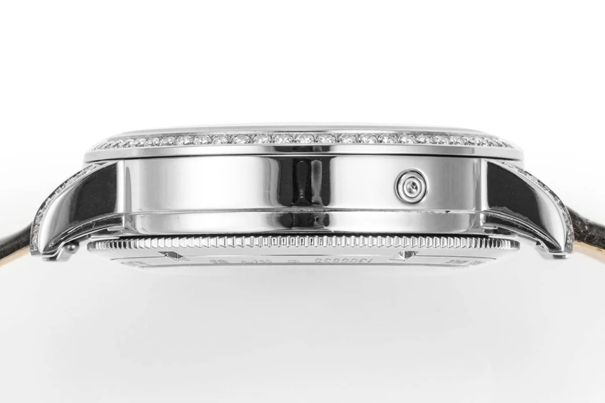 Traditionelle Moon Phase MOP Dial with Diamond Bezel in White Gold on Brown Leather Strap