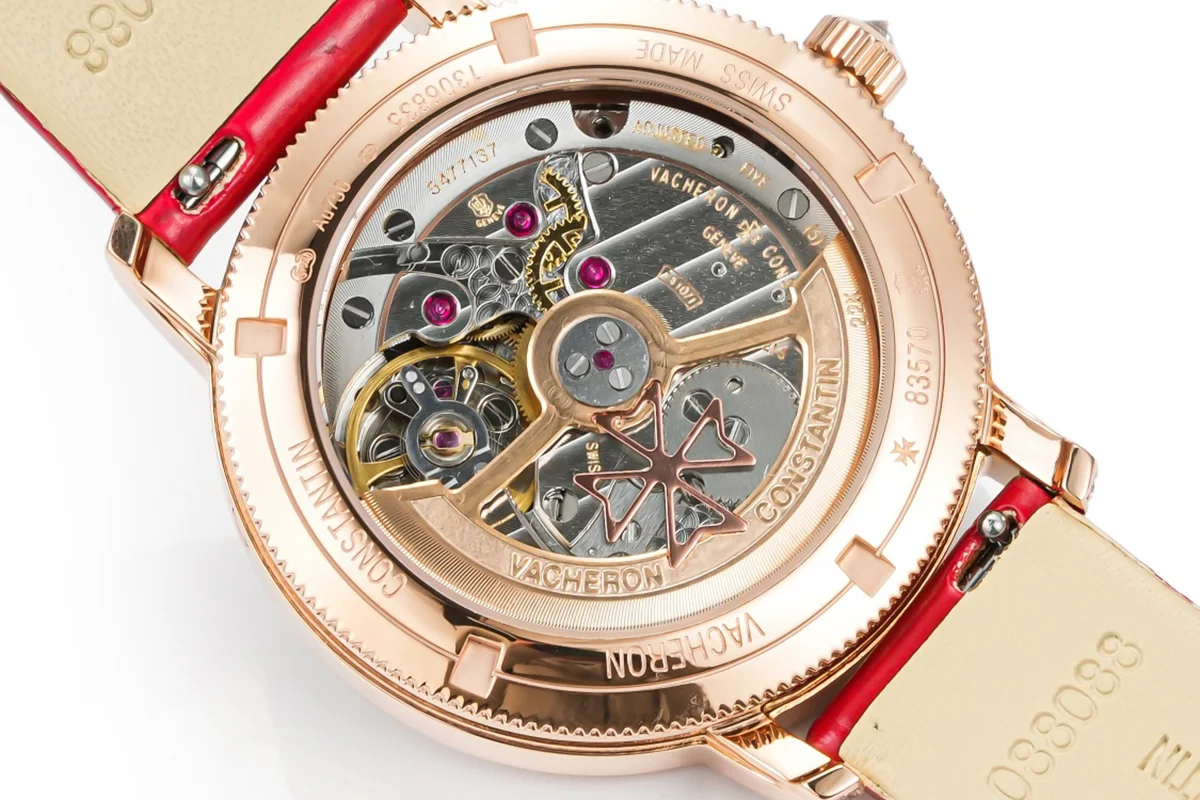 Traditionelle Moon Phase White Dial with Diamond Bezel in Pink Gold on Red Leather Strap