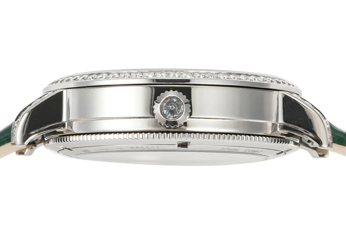 Traditionelle Moon Phase White Dial with Diamond Bezel in White Gold on Green Leather Strap