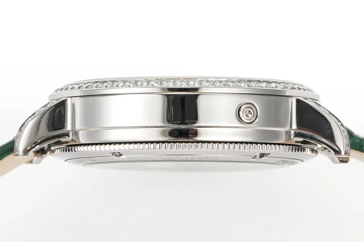 Traditionelle Moon Phase White Dial with Diamond Bezel in White Gold on Green Leather Strap