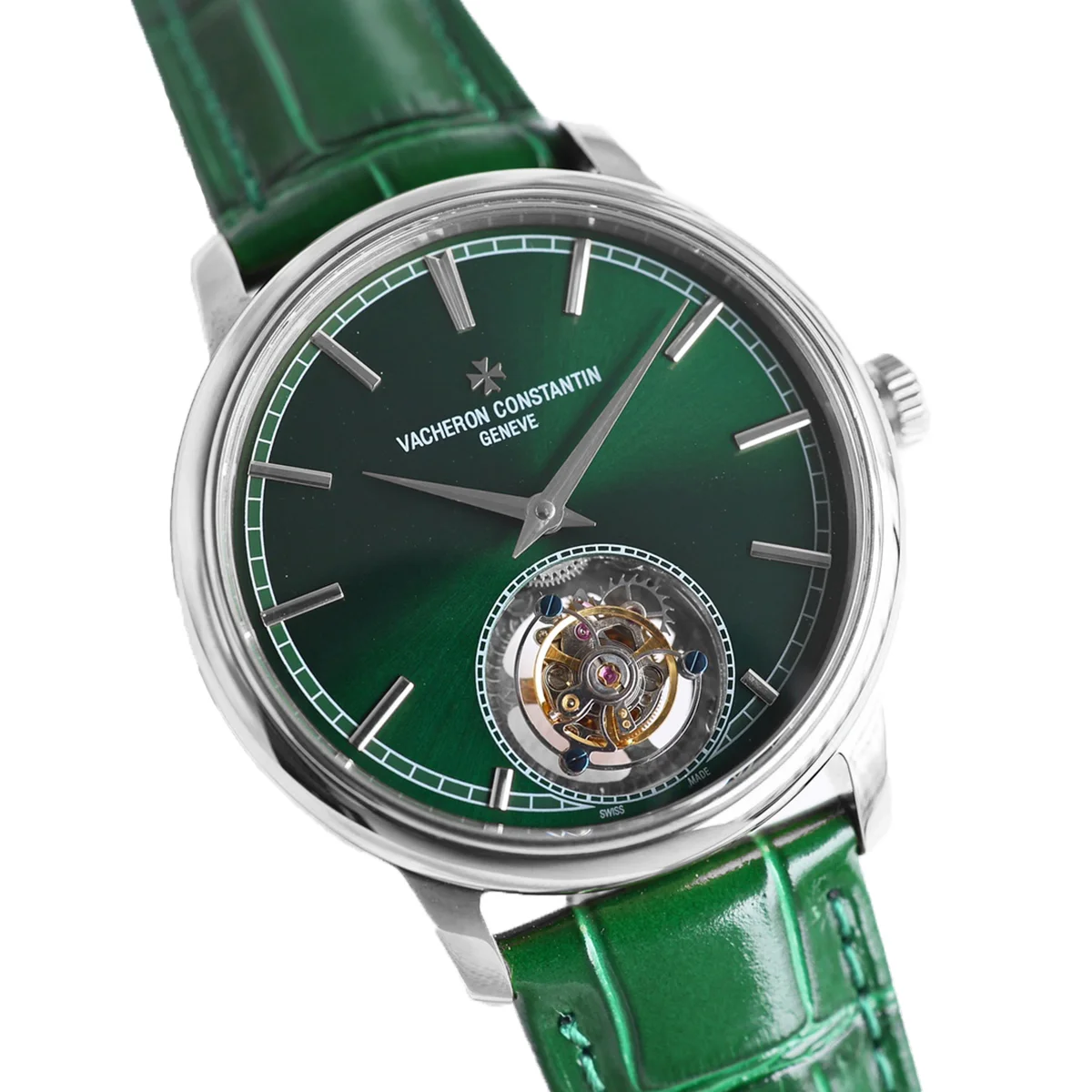 Traditionelle Tourbillon in Steel on Green Leather Strap