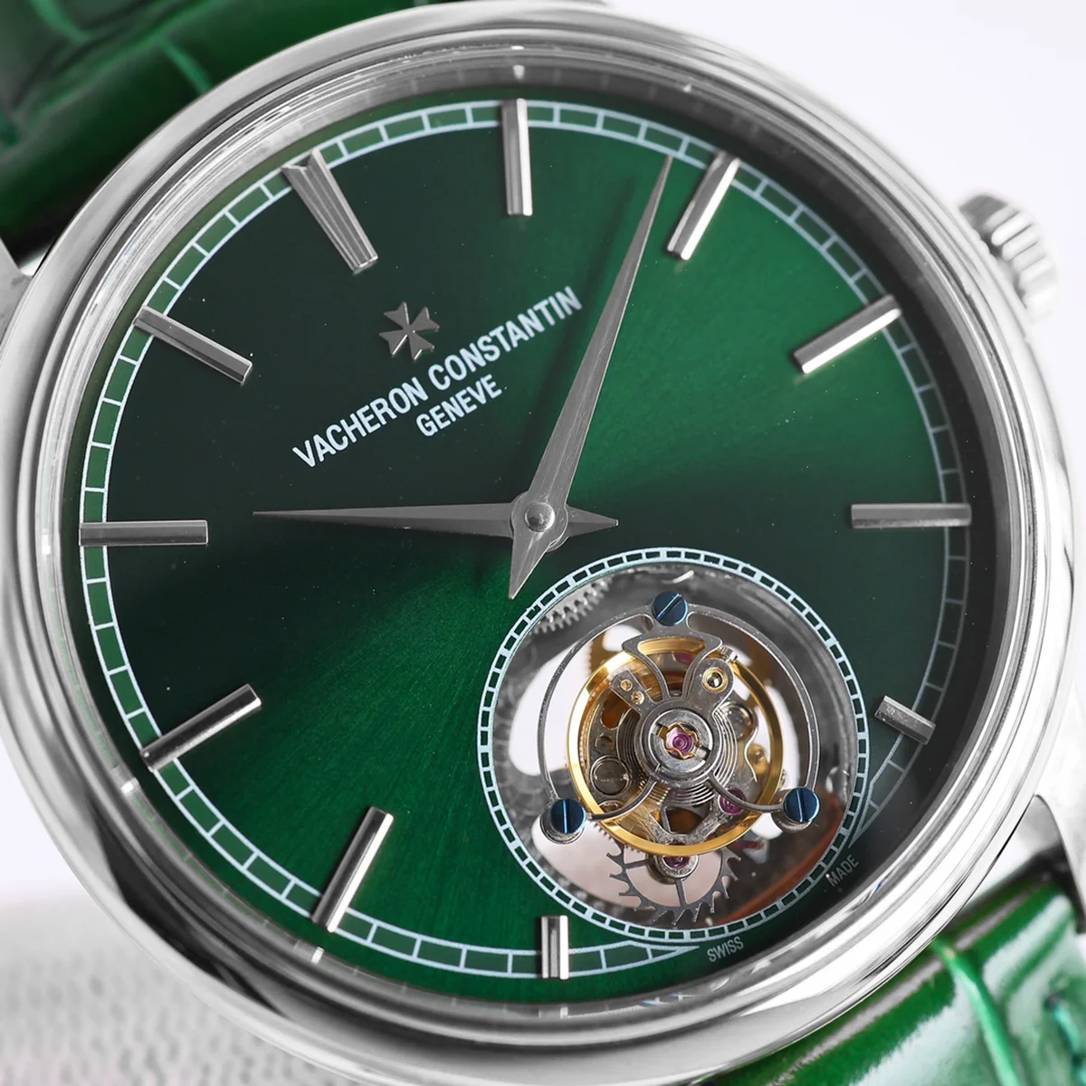 Traditionelle Tourbillon in Steel on Green Leather Strap