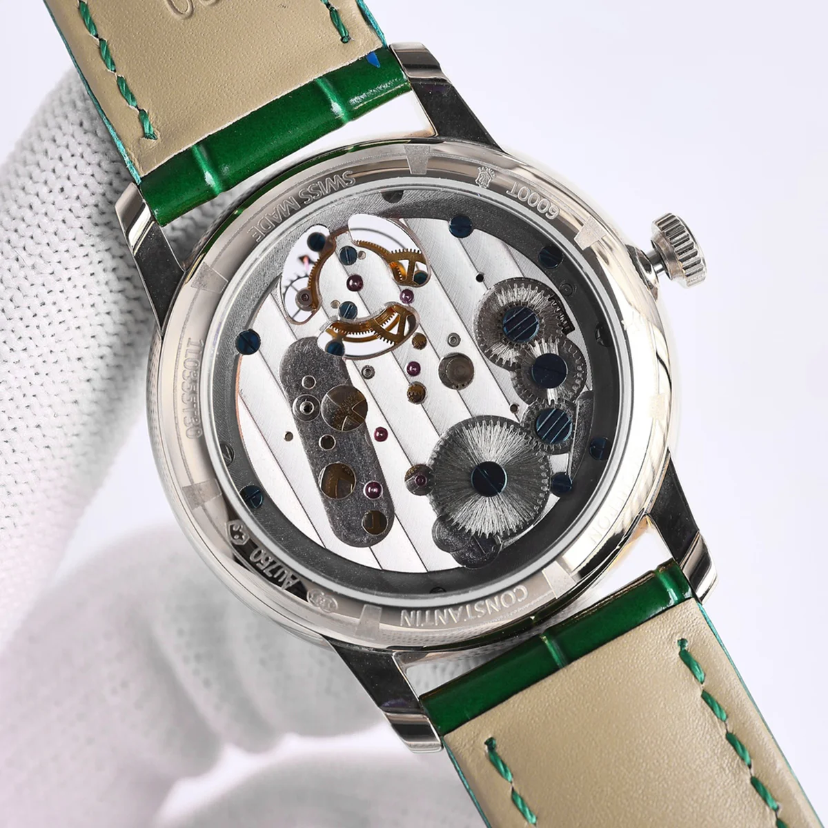 Traditionelle Tourbillon in Steel on Green Leather Strap