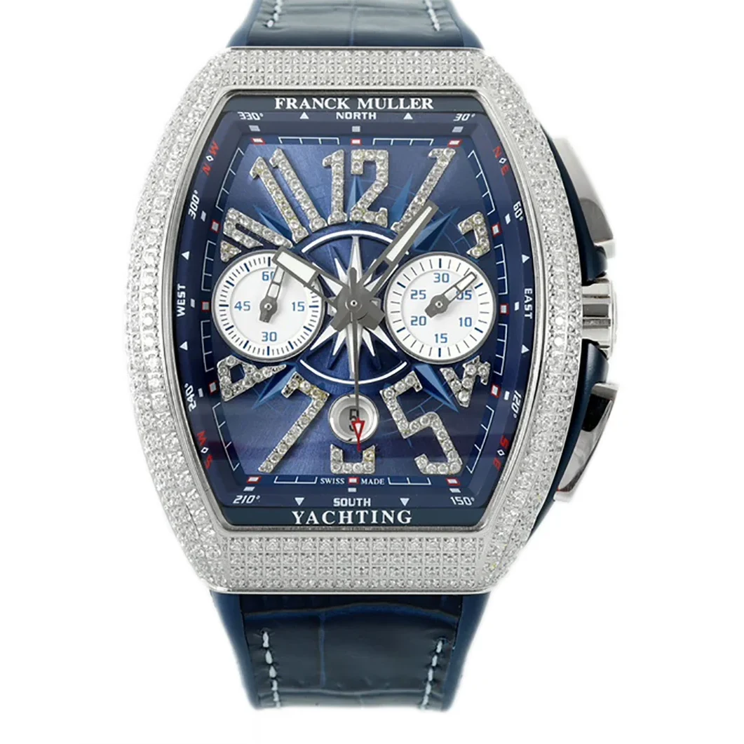 Vanguard V45 Chronograph Blue/White Dial with Diamond Marker and Diamond Bezel in Steel on Leather Strap