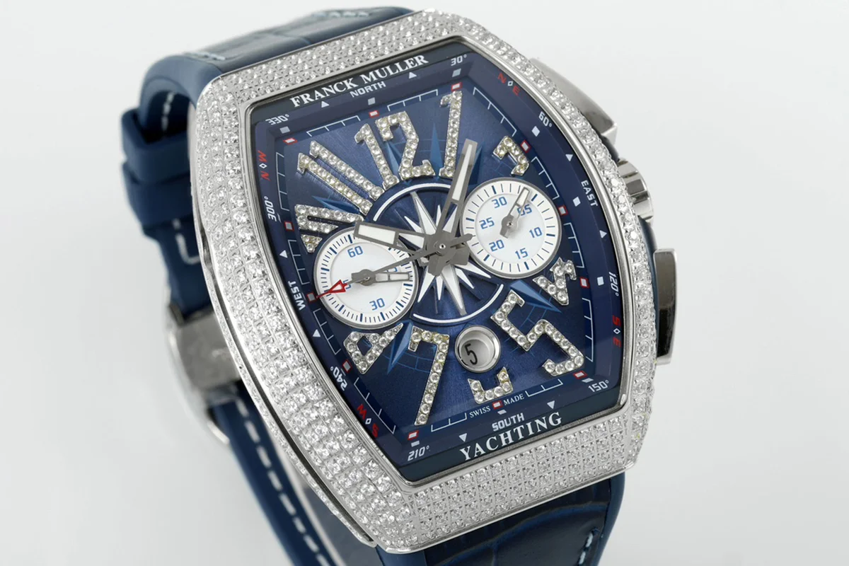 Vanguard V45 Chronograph Blue/White Dial with Diamond Marker and Diamond Bezel in Steel on Leather Strap