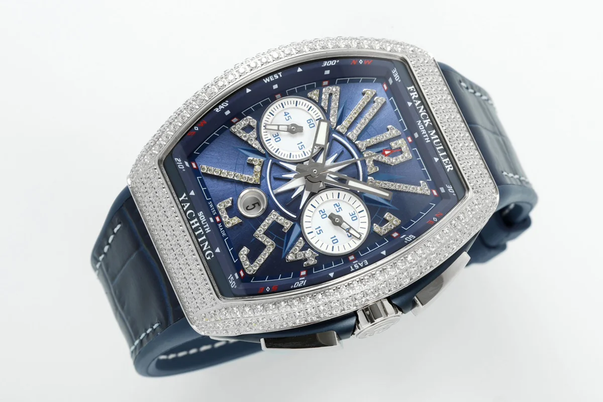 Vanguard V45 Chronograph Blue/White Dial with Diamond Marker and Diamond Bezel in Steel on Leather Strap