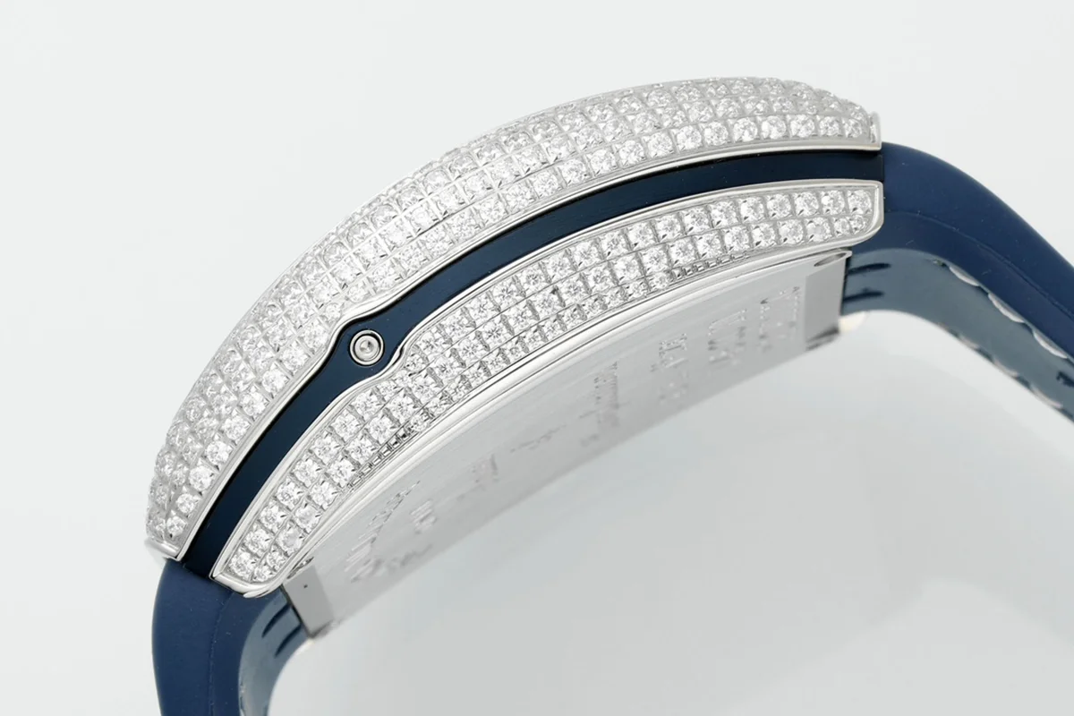 Vanguard V45 Chronograph Blue/White Dial with Diamond Marker and Diamond Bezel in Steel on Leather Strap