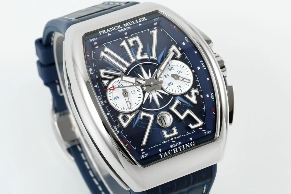 Vanguard V45 Chronograph Blue/White Dial with White Marker in Steel on Leather Strap
